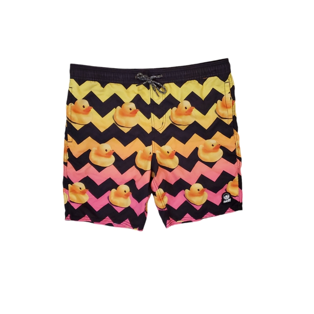 NEFF Men's Rubber Ducky Swim Trunks Black Multicolor Boardshorts‎ Men's Small